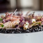 Calamari in a Bed of Squid ink Risotto - Seafood Food Photography © David Cantwell Photography